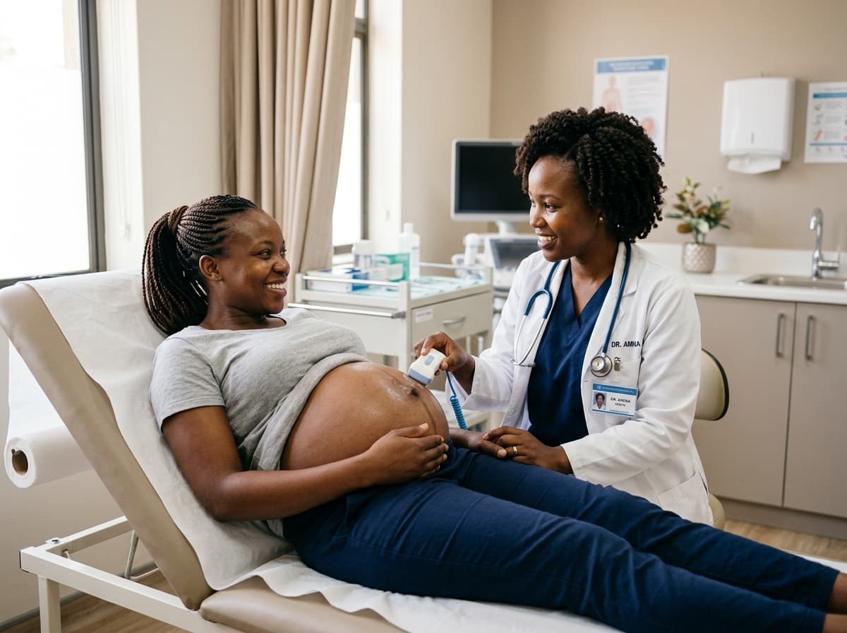 African expectant mother undergoing clinical antenatal examination with fetal doppler