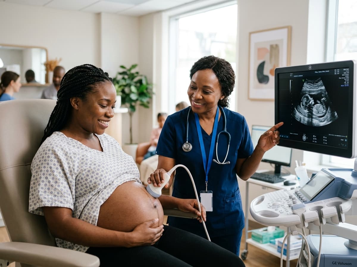 African expectant mother undergoing specialized maternal-fetal ultrasound examination