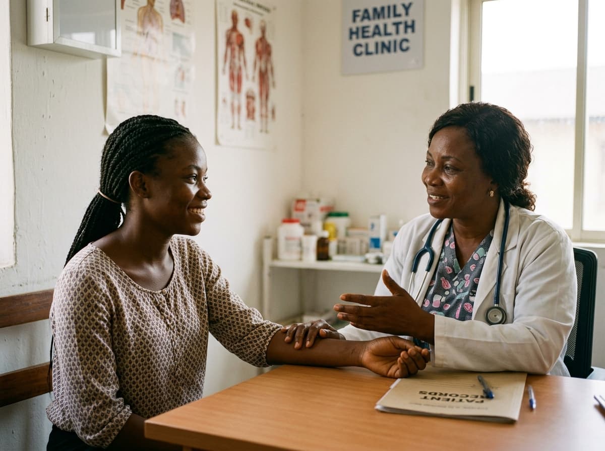 Young African woman in welcoming adolescent health consultation with female doctor
