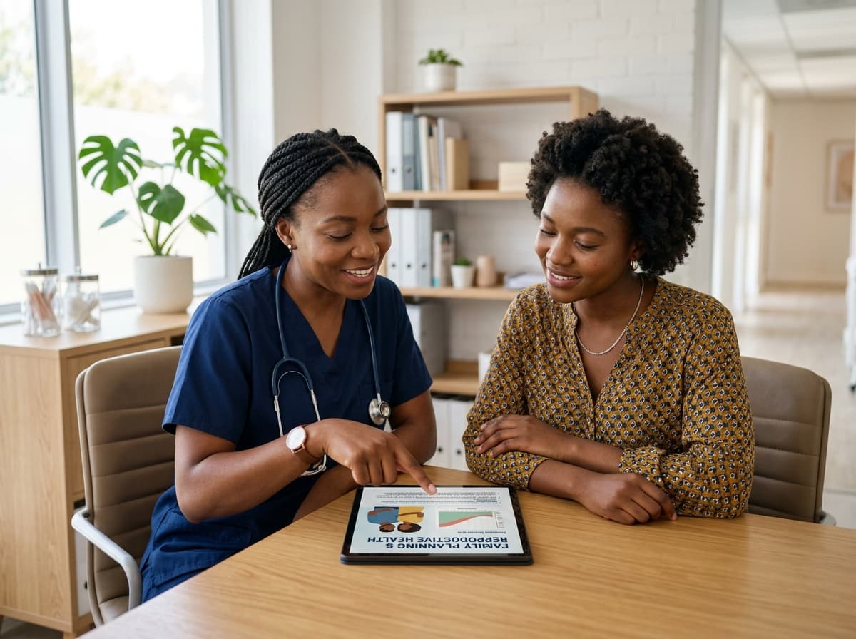 African woman discussing contraceptive options with female doctor in private consultation