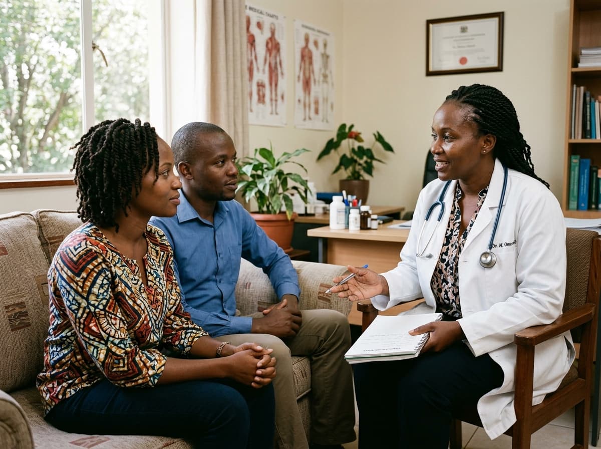 African couple in compassionate fertility consultation with specialist physician